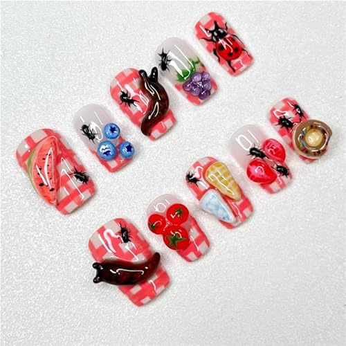 Kurze trapezförmige künstliche Nägel 3D-geprägte Obstserie Mandarinente süße Nagelkunst-Flicken Nägel for Sommerpartys(S) von XHONGDOFC
