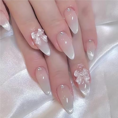 Süße Katzenaugen-French-Press-On-Nägel, Diamantspitze, 3D-Schleife, tragbare Nägel for Frauen und Mädchen, Mandelnägel(A695,S) von XHONGDOFC