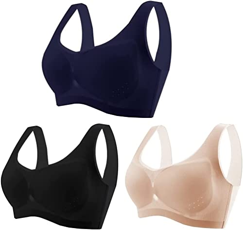 XHSYTC Ultradünner Eisseiden-Komfort-BH,Nahtloser Freizeit-BH für Damen,großer ohne Ränder Beauty-Back Yoga-BH,Kabellose Unterwäsche mit abnehmbarem Polster. (L, Schwarz+Blau+Beige) von XHSYTC