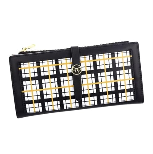 XHZMDWOU Geldbörse Stabile Schlank Pu-Leder-Geldbörse, Lange Geldbörse Mit Reißverschluss, Clutch Für Mädchen, Gittermuster, Münzfach Kompakt Portemonnaie(Black) von XHZMDWOU
