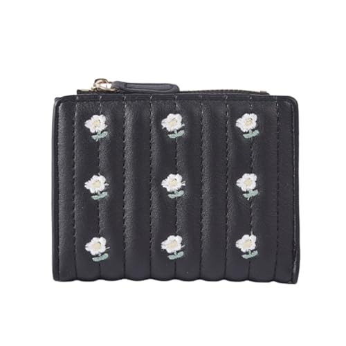 XHZMDWOU Geldbörse Stabile Schlank Schlanke Flip-Geldbörse Für Damen, Brieftasche, Weiches Leder, Geldbörsen, Blumenmuster, Kartenfächer Kompakt Portemonnaie(Black) von XHZMDWOU