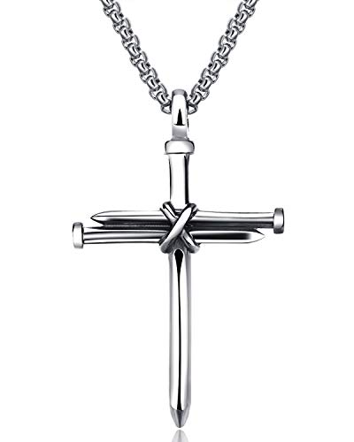 OSTAN Edelstahl Ketten Kreuz Anhänger Nägel Halskette Silber Punk Schmuck für Herren (Silber) von OSTAN