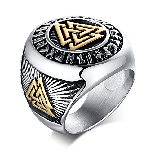 XIABME Herren Wikinger Valknut Edelstahlring - nordischer Odin Rune Amulett Symbol Krieger Ring, Vintage keltischer Dreifaltigkeitsknoten skandinavischer Schmuck (Color : Gold, Size : 11) von XIABME