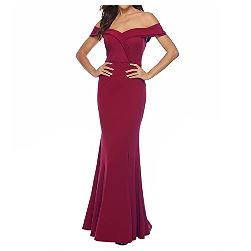 Abendkleider Elegant Für Hochzeit Lang Mit Schlitz Ballkleid Off Shoulder V-Ausschnitt Sexy Kleid Damen Elegant Meerjungfrau Mit ärmeln Cocktailkleid Damen Einfarbig A Linie Festliche Luftig von XIADUOBAAN