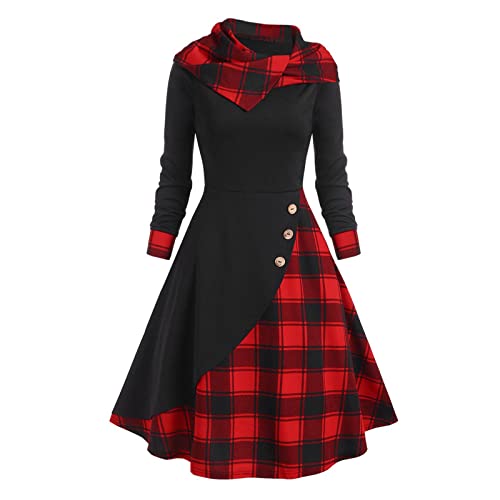 Abendkleider Lang Mit Kapuze Cocktailkleid Damen Vintage Kariert Ballkleid Mit Schalkragen Langarm Asymmetrisch A Linie Partykleid Damen Mit Knopfleiste Winterkleider Damen Elegant von XIADUOBAAN