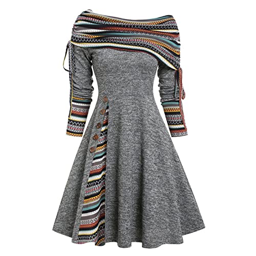 Boho Kleid Damen Knielang Kashmir Herbstkleid Damen Schulterfrei Langarm Winterkleid Damen A Linie Vintage Kleider Elegant mit Knopfleiste Carmen Kleid Damen Muster Casual Hohe Taille von XIADUOBAAN