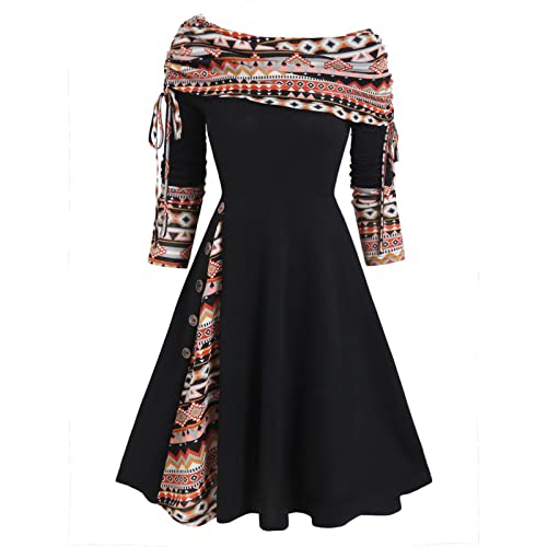 Boho Kleid Damen Knielang Kashmir Herbstkleid Damen Schulterfrei Langarm Winterkleid Damen A Linie Vintage Kleider Elegant mit Knopfleiste Carmen Kleid Damen Muster Casual Hohe Taille von XIADUOBAAN