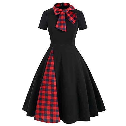 Damen 50er Jahre Rockabilly Kleider Damen Vintage Bogen Kariert Knielang Abendkleider Prinzessin Kleid Damen Elegant Retro A Linie Cocktailkleid Damen Hohe Taille Partykleid Damen Kurzarm von XIADUOBAAN