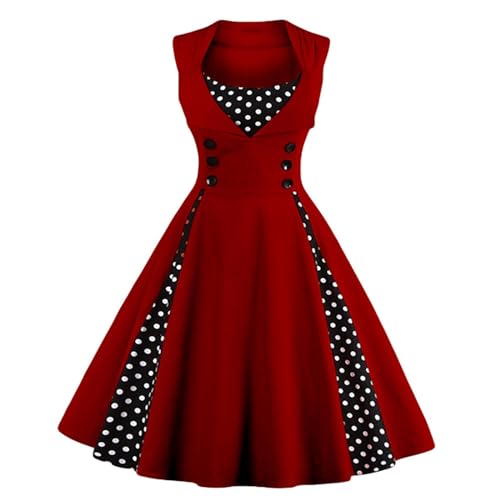 Damen 50er-Jahre Vintage Cocktailkleid Damen Gepunktet Knielang Rockabilly Kleider Damen Faltenrock Mit Flügelärmeln A-Linie Abendkleider Prinzessin Kleid Damen Elegant Schöne Mit Knopfleiste von XIADUOBAAN