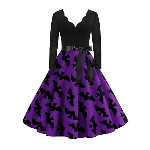 Halloween Partykleider Damen Knielang V Ausschnitt Halloween Kleid Damen Langarm Mit Gürtel Mittelalter Kleid Damen Hohe Taille Rockabilly Kleid Damen Elegant Geister Steampunk Kleid A Linie von XIADUOBAAN