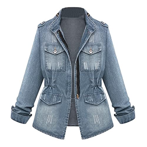 Jeansjacke Damen Hüftlang Mit Reissverschluss Mit Taschen Sweatjacke Damen Langarm Mit Knopfleiste Winterjacke Mit Kragen Winddicht Mantel Damen Jeans Leicht Einfarbig Freizeit Jacke Plissee von XIADUOBAAN