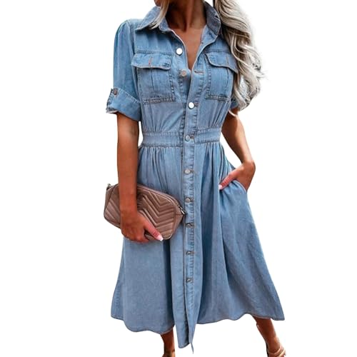 Jeanskleid Damen Lang Blusenkleid Damen Kurzarm Damenkleider Elegant Hemdkleid A Linie Kleid mit Taschen Tailliert Frauen Sommerkleider Leicht Und Luftig Maxikleid mit Knopfleiste von XIADUOBAAN