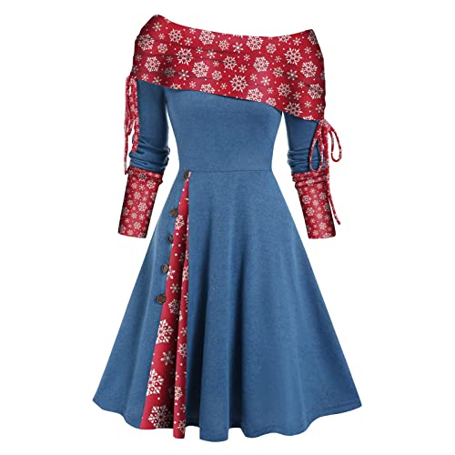 Kashmir Weihnachtskleid Damen Schulterfrei Carmen Winterkleid Damen Knielang Asymmetrisch Muster Weihnachten Kleid Damen Elegant Mit Knopfleiste A Linie Herbstkleid Damen Schöne Rot von XIADUOBAAN