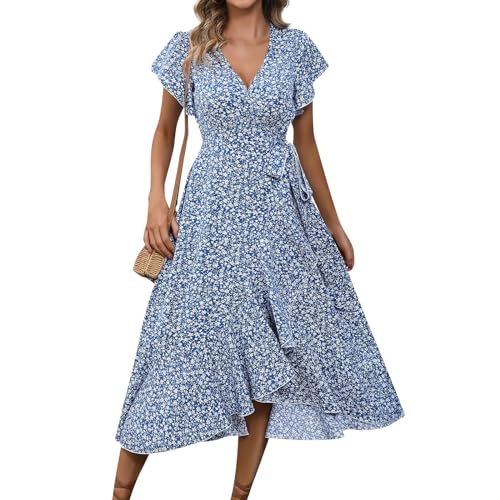 Kleid Damen Sommer Elegant Wickelkleid Damen Lang Sommerkleid V-Ausschnitt Boho Kleid A Linie Blumenkleid mit Gürtel Rüschen Strandkleid Frauen Sommer Kurzarm Hohe Taille Maxikleid von XIADUOBAAN
