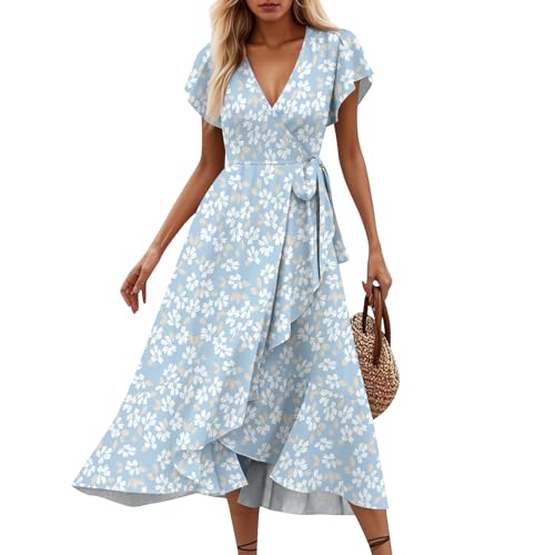 Kleid Damen Sommer Elegant Wickelkleid Damen Lang Sommerkleid V-Ausschnitt Boho Kleid A Linie Blumenkleid mit Gürtel Rüschen Strandkleid Frauen Sommer Kurzarm Hohe Taille Maxikleid von XIADUOBAAN