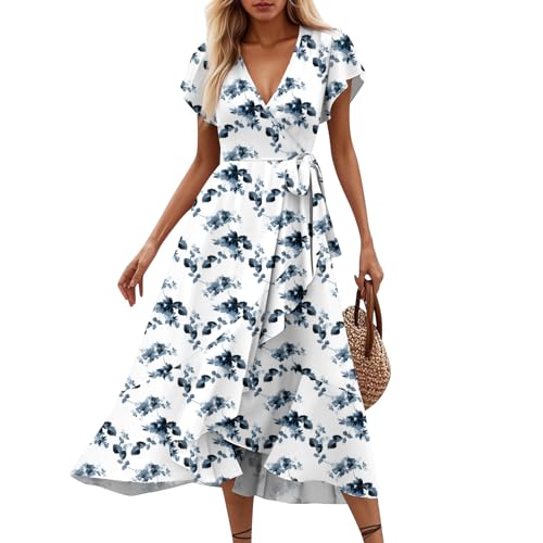 Kleid Damen Sommer Elegant Wickelkleid Damen Lang Sommerkleid V-Ausschnitt Boho Kleid A Linie Blumenkleid mit Gürtel Rüschen Strandkleid Frauen Sommer Kurzarm Hohe Taille Maxikleid von XIADUOBAAN
