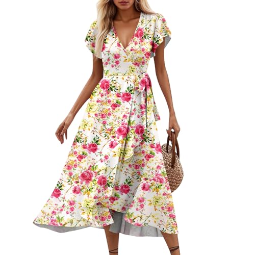 Kleid Damen Sommer Elegant Wickelkleid Damen Lang Sommerkleid V-Ausschnitt Boho Kleid A Linie Blumenkleid mit Gürtel Rüschen Strandkleid Frauen Sommer Kurzarm Hohe Taille Maxikleid Kleid Damen Sommer Elegant Wickelkleid Damen Lang Sommerkleid V-Ausschnitt Boho Kleid A Linie Blumenkleid mit Gürtel Rüschen Strandkleid Frauen Sommer Kurzarm Hohe Taille Maxikleid von XIADUOBAAN