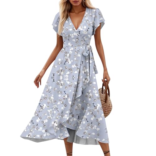 Kleid Damen Sommer Elegant Wickelkleid Damen Lang Sommerkleid V-Ausschnitt Boho Kleid A Linie Blumenkleid mit Gürtel Rüschen Strandkleid Frauen Sommer Kurzarm Hohe Taille Maxikleid Kleid Damen Sommer Elegant Wickelkleid Damen Lang Sommerkleid V-Ausschnitt Boho Kleid A Linie Blumenkleid mit Gürtel Rüschen Strandkleid Frauen Sommer Kurzarm Hohe Taille Maxikleid von XIADUOBAAN