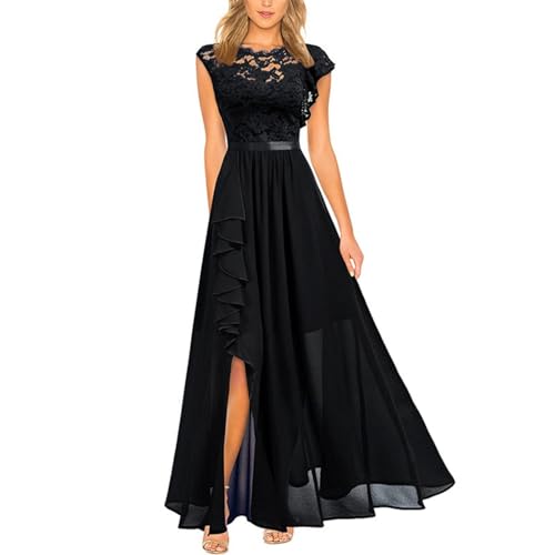 Kleid Hochzeitsgast Damen Curvy Abendkleid Damen Lang Elegant Hochzeitskleid Rüschen A Linie Kleid mit Schlitz Lochstickerei Cocktailkleid Schick Spitze Partykleid Luftige Leichte von XIADUOBAAN