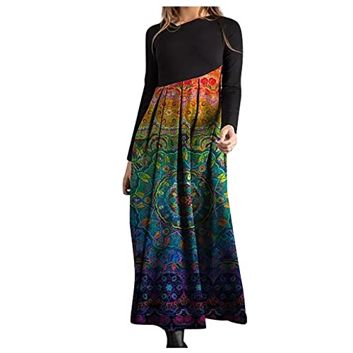 Kleider Damen Herbst Winter Lang Vintage Maxikleid Damen Langarm V Ausschnitt Herbstkleid Damen Kashmir Warm Tunikakleid Damen A Linie Elegant Strandkleid Damen Muster Locker Casual von XIADUOBAAN