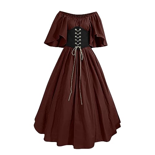 Mittelalter Kleid Damen Lang Off Shoulder Viktorianisches Kleid Damen Kurzarm Hohe Taille Halloween Kleid Damen Schnürung Einfarbig Festliche Partykleider A Linie Ballkleid Elegant Schöne von XIADUOBAAN