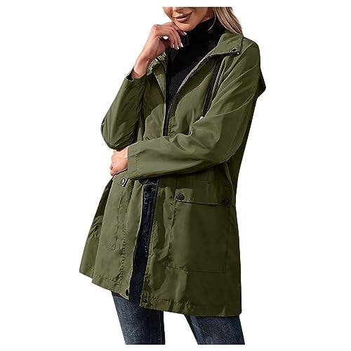 Regenjacke Damen Wasserdicht Atmungsaktiv Hüftlang Mit Kapuze Regenjacke Damen Leicht Rollkragen Mit Reissverschluss Regenmantel Mit Knöpfen Outdoor Langarm Übergangsjacke Mit Taschen Wandern von XIADUOBAAN