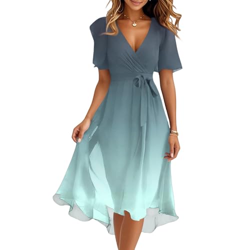 Sommerkleid Damen Lang Abendkleider Elegant Für Hochzeit Kleid Damen Sommer Blumenkleid A Linie Festliche Kleider Summer Dress Cocktailkleid Kurzarm Hohe Taille Strandkleid mit Gürtel von XIADUOBAAN