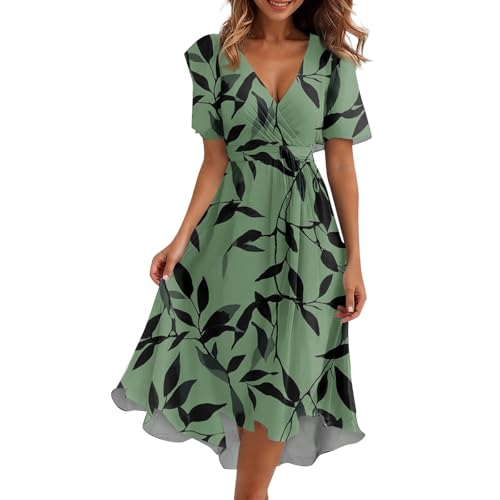 Sommerkleid Damen Lang Abendkleider Elegant Für Hochzeit Kleid Damen Sommer Blumenkleid A Linie Festliche Kleider Summer Dress Cocktailkleid Kurzarm Hohe Taille Strandkleid mit Gürtel von XIADUOBAAN