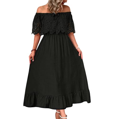 Sommerkleid Damen Lang Strandkleid Damen Schulterfrei Kleider Korsett Kleid mit Spitze A Linie Sommerkleider Leicht Und Luftig Spitzenkleid Rüschen Bandeau Partykleid Sommer Maxikleid von XIADUOBAAN