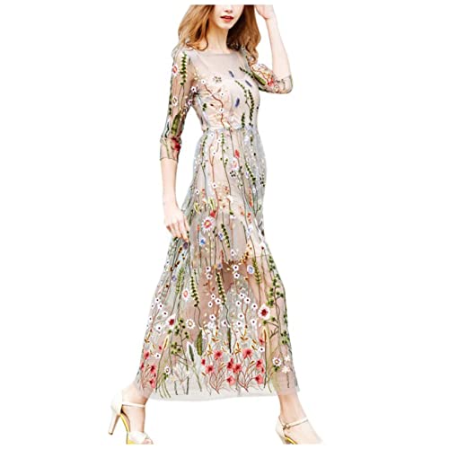 Strandkleid Damen Lang Tüll Maxikleid Damen Mit ärmeln Herbstkleid Damen A Linie Leicht Kleider Damen Herbst Winter Stickerei Blumen Kleid Festlich Damen Elegant Ballkleid Schöne von XIADUOBAAN