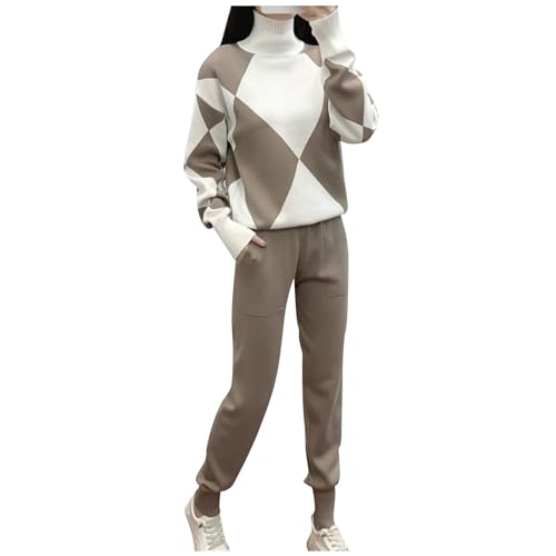 Strick Hausanzug Damen Kuschelig 2 Teiler Argyle Jogginganzug Damen Warm Winter Rollkragen Pullover Damen Langarm Lang Jogginghose Damen Mit Taschen Freizeitanzug Trainingsanzug Damen Elegant von XIADUOBAAN