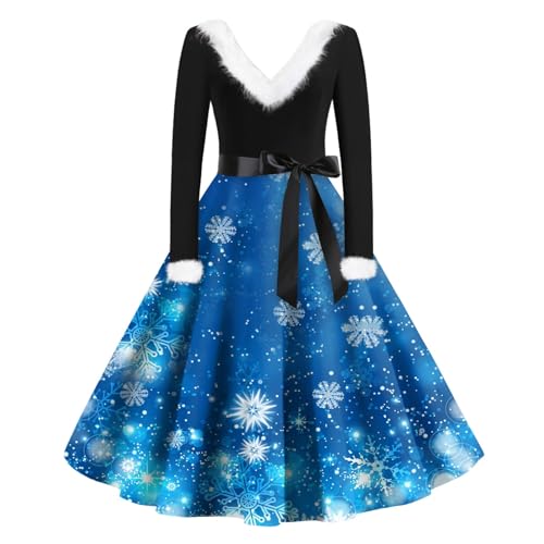 Vintage Weihnachten Cocktailkleid Damen Fleece V-Ausschnitt Weihnachtskleid Damen Lang Langarm Winterkleid Damen Mit Gürtel A-Linie Rockabilly Kleider Damen Elegant Festliche Kleider von XIADUOBAAN