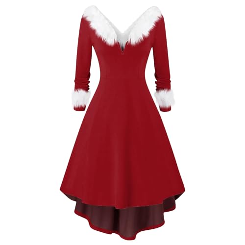 Weihnachten Kleid Damen Elegant Fleece V Ausschnitt Weihnachtskleid Damen Lang Asymmetrisch Winterkleid Damen Langarm A Linie Festliche Kleider Für Damen Einfarbig Partykleid Damen Schöne von XIADUOBAAN