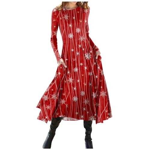 Weihnachtskleid Damen Asymmetrisch Elegant Knielang Weihnachten Rotes Kleid Langarm A Linie Taille Kleid Mode Christmas Damen Weihnachtskleider Schneemann Festlich Kleider Mit Taschen von XIADUOBAAN