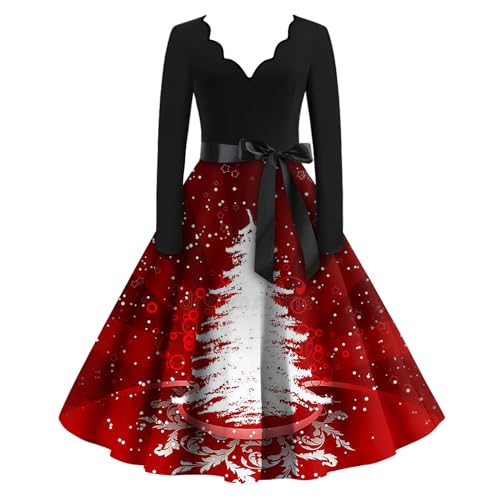 Weihnachtskleid Damen Knielang V Ausschnitt Abendkleider Weihnachten Mit Gürtel Rockabilly Kleider Damen Weihnachtsbaum Langarm Kleid Damen Elegant A Linie Partykleid Damen Hohe Taille von XIADUOBAAN