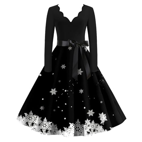 Weihnachtskleid Damen Knielang V Ausschnitt Abendkleider Weihnachten Mit Gürtel Rockabilly Kleider Damen Weihnachtsbaum Langarm Kleid Damen Elegant A Linie Partykleid Damen Hohe Taille von XIADUOBAAN