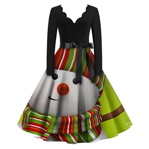 Weihnachtskleid Damen Knielang V Ausschnitt Abendkleider Weihnachten Mit Gürtel Rockabilly Kleider Damen Weihnachtsbaum Langarm Kleid Damen Elegant A Linie Partykleid Damen Hohe Taille von XIADUOBAAN