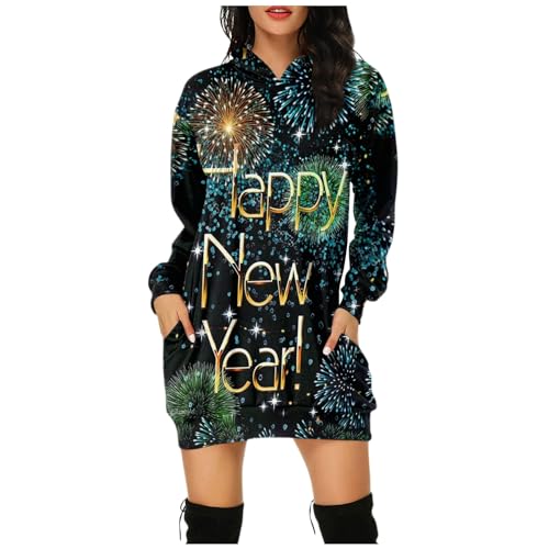 Weihnachtskleid Damen Mit Kapuze Weihnachten Sweatkleid Damen Kurz Langarm Merry Christmas Hoodie Kleid Damen Mit Taschen Weihnachtspullover 2024 New Year Print Kapuzenpullover Lässig von XIADUOBAAN