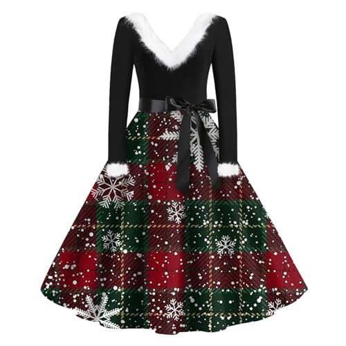 Weihnachtskleid Fleece V Ausschnitt Knielang Weihnachtskleid Damen Langarm Weihnachten Rockabilly Kleider Damen Festliche Winterkleid Damen Mit Gürtel A Linie Weihnachtskleider Damen Elegant von XIADUOBAAN