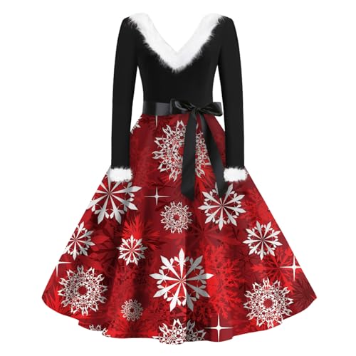 Weihnachtskleid Fleece V Ausschnitt Knielang Weihnachtskleid Damen Langarm Weihnachten Rockabilly Kleider Damen Festliche Winterkleid Damen Mit Gürtel A Linie Weihnachtskleider Damen Elegant von XIADUOBAAN