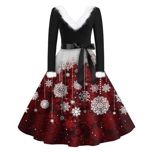 Weihnachtskleid Fleece V Ausschnitt Knielang Weihnachtskleid Damen Langarm Weihnachten Rockabilly Kleider Damen Festliche Winterkleid Damen Mit Gürtel A Linie Weihnachtskleider Damen Elegant von XIADUOBAAN