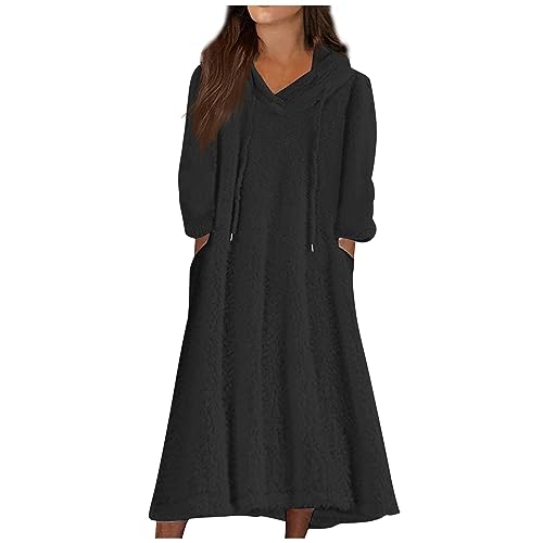 Winterkleid Damen Fleece Lang Langarm Winter Kleider Damen Mit Kapuze Warm Maxikleid Damen V Ausschnitt Mit Taschen Kleid Damen Elegant Einfarbig Hauskleid Damen Innenfutter Schlafkleid Damen von XIADUOBAAN