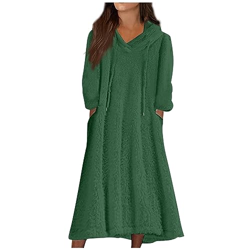Winterkleid Damen Fleece Lang Langarm Winter Kleider Damen Mit Kapuze Warm Maxikleid Damen V Ausschnitt Mit Taschen Kleid Damen Elegant Einfarbig Hauskleid Damen Innenfutter Schlafkleid Damen von XIADUOBAAN