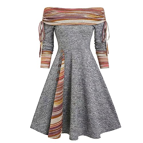 Winterkleid Damen Kashmir Schulterfrei Herbstkleid Damen Knielang Vintage Kariert Carmen Damen Kleider Elegant Langarm Sterne Mit Knopfleiste Rockabilly Kleider Damen A Linie Hohe Taille von XIADUOBAAN