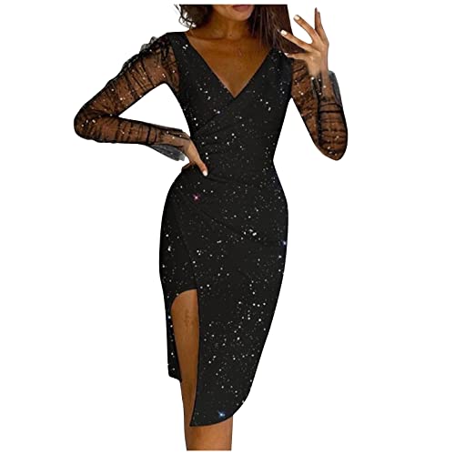 XIADUOBAAN Abendkleider Elegant Für Hochzeit Knielang Glitzer Mit Schlitz Cocktailkleid Damen V Ausschnitt Tüll Langarm Brautjungfernkleider Einfarbig Plissee Festliche Kleid Damen Elegant Sexy von XIADUOBAAN