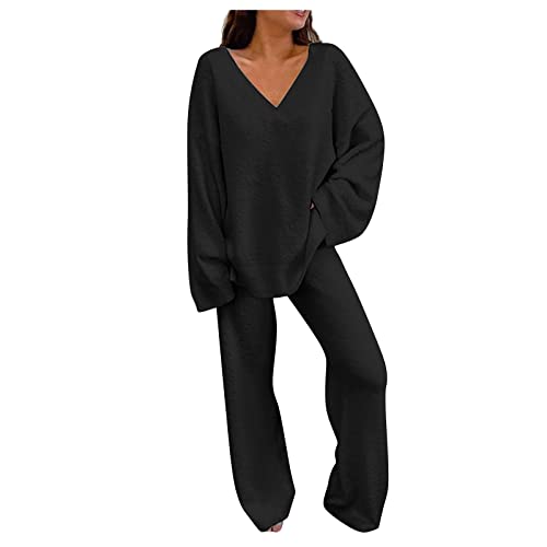 XIADUOBAAN Fleece Hausanzug Damen Kuschelig 2 Teiler V-Ausschnitt Lässig Trainingsanzug Frauen Warm Herbst Winter Einfarbig Langarmshirt Damen Langarm Lang Jogginghose Damen Freizeitanzug Gefüttert von XIADUOBAAN
