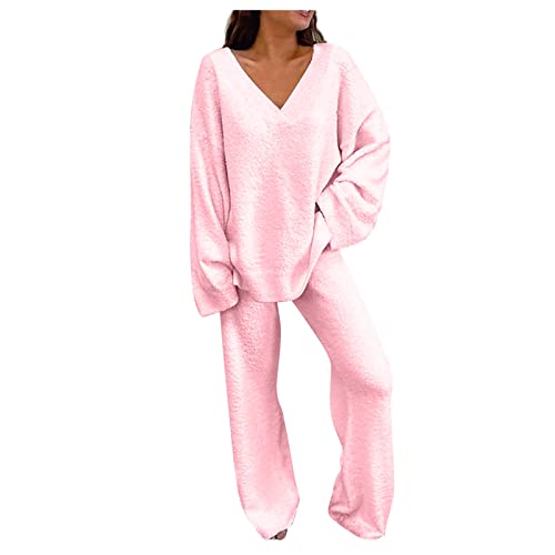 XIADUOBAAN Fleece Hausanzug Damen Kuschelig 2 Teiler V-Ausschnitt Lässig Trainingsanzug Frauen Warm Herbst Winter Einfarbig Langarmshirt Damen Langarm Lang Jogginghose Damen Freizeitanzug Gefüttert von XIADUOBAAN