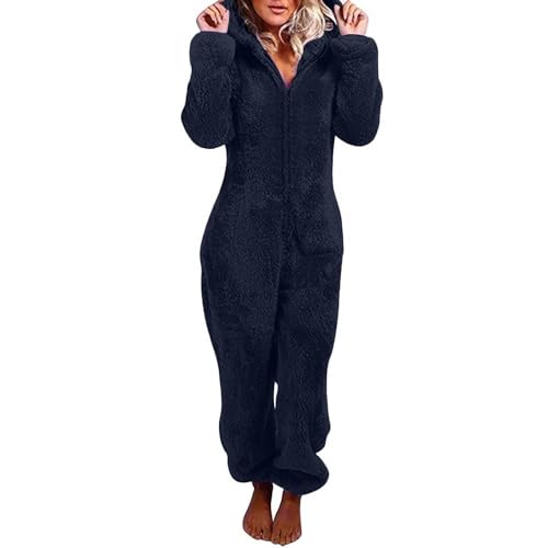 XIADUOBAAN Fleece Jumpsuit Damen mit Ohren Kapuze Reißverschluss Lang Overall Teddy Einteiler Winter Warm Schlafanzug Pyjama Kuschelig Elegant Einfarbig Hausanzug Damen Flauschig Weich Schlafoverall von XIADUOBAAN