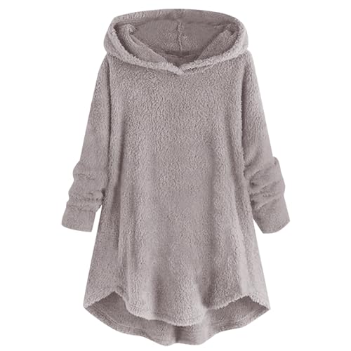 XIADUOBAAN Fleece Kapuzenpullover Damen Mittellang Asymmetrisch Fleecejacke Damen Gefüttert Casual Sweatshirt Mantel Damen Mit Kapuze Langarm Winterjacke Damen Warm Einfarbig Innen Mit Fell Locker von XIADUOBAAN