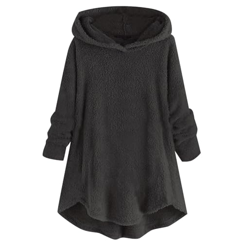 XIADUOBAAN Fleece Kapuzenpullover Damen Mittellang Asymmetrisch Fleecejacke Damen Gefüttert Casual Sweatshirt Mantel Damen Mit Kapuze Langarm Winterjacke Damen Warm Einfarbig Innen Mit Fell Locker von XIADUOBAAN